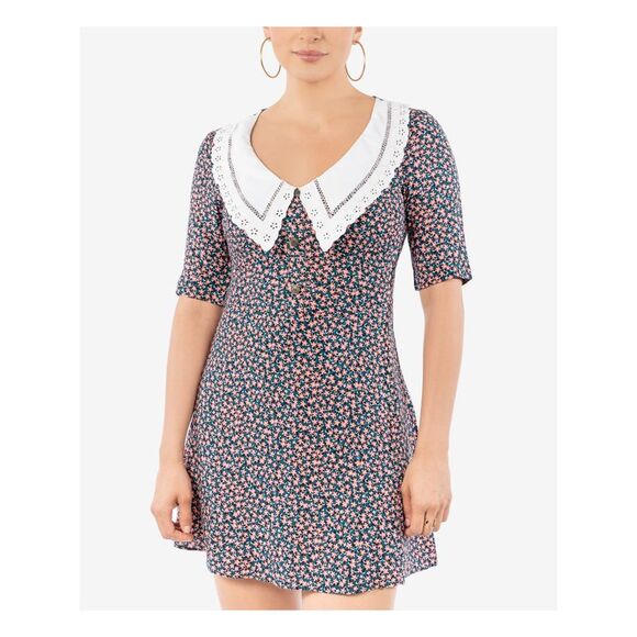 B DARLIN Dresses & Skirts - B DARLIN Womens Crochet-trim Collar Elbow Sleeve V Neck Mini Party A-Line Dress